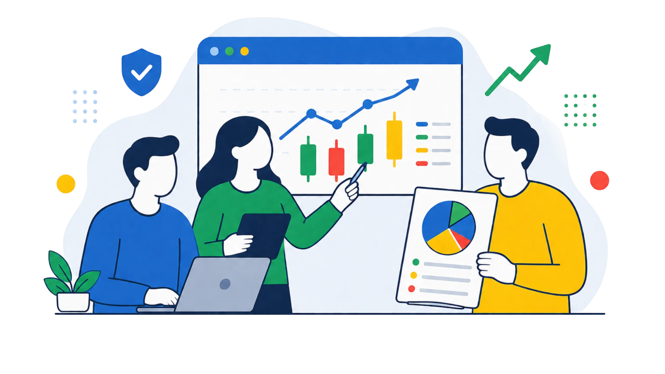Research team reviewing stock charts and portfolio breakdown