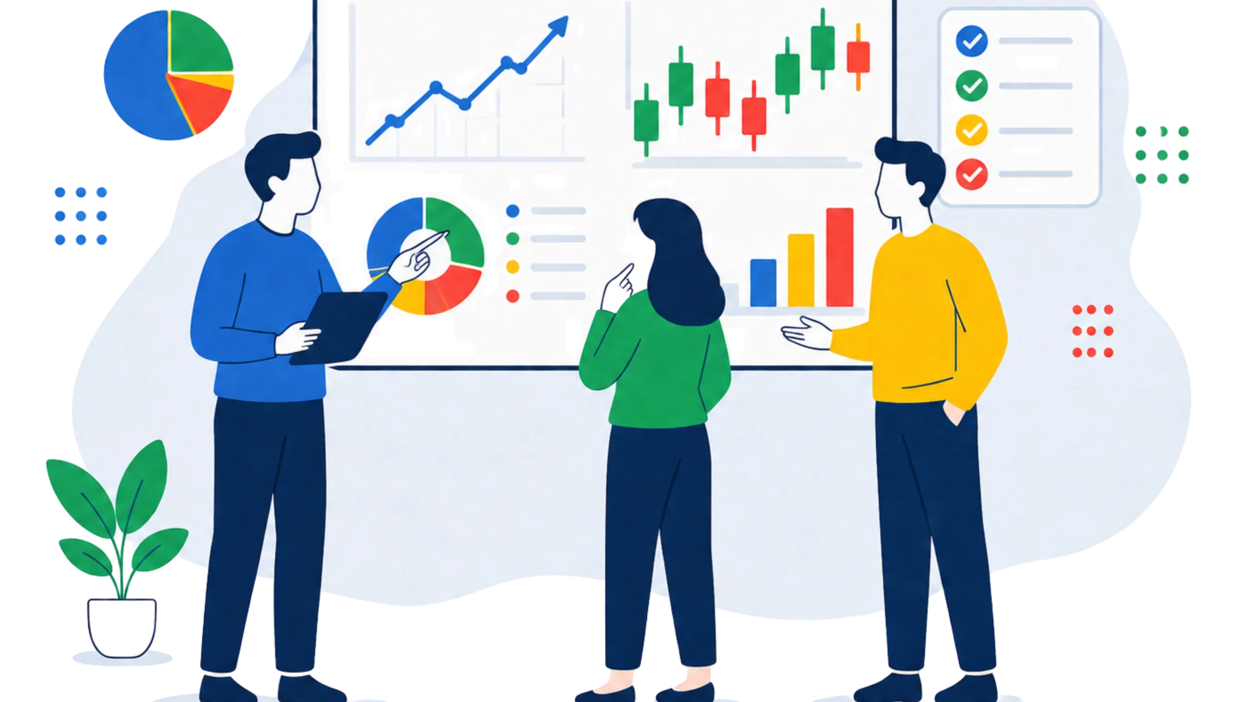 Analysts discussing charts, pie breakdowns and quarterly data