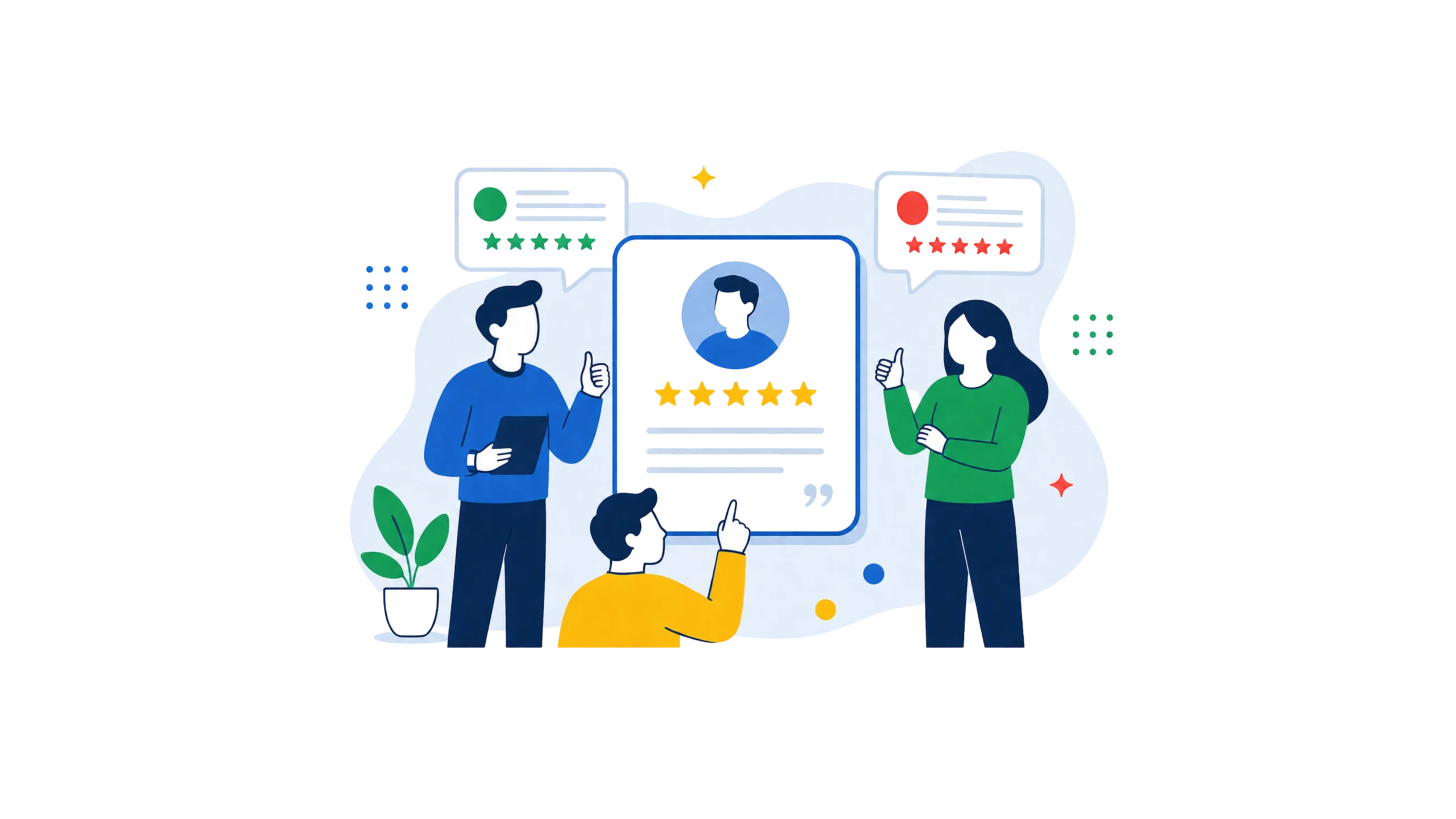 People reviewing five-star ratings and feedback cards